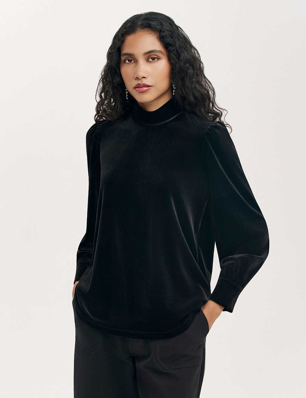 Finery London Velvet High Neck Puff Sleeve Top Black