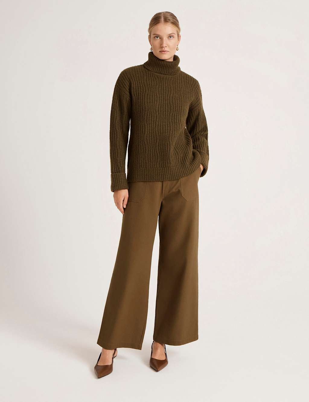 Finery London Women's Textured Roll Neck Jumper - 24 - Khaki - Available at M&S