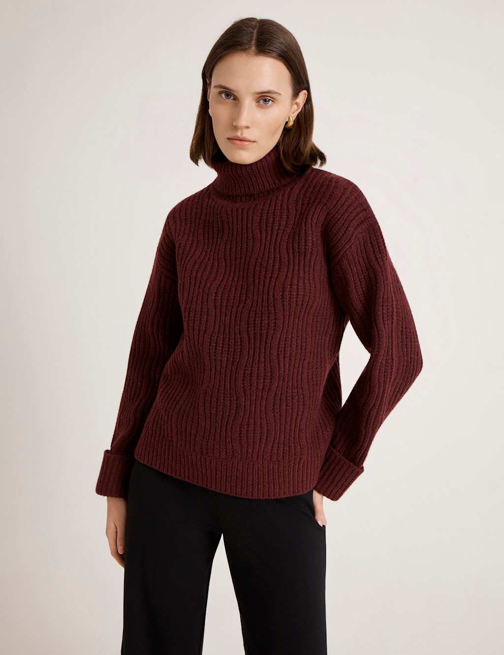 Finery London Textured Roll Neck Jumper Burgundy