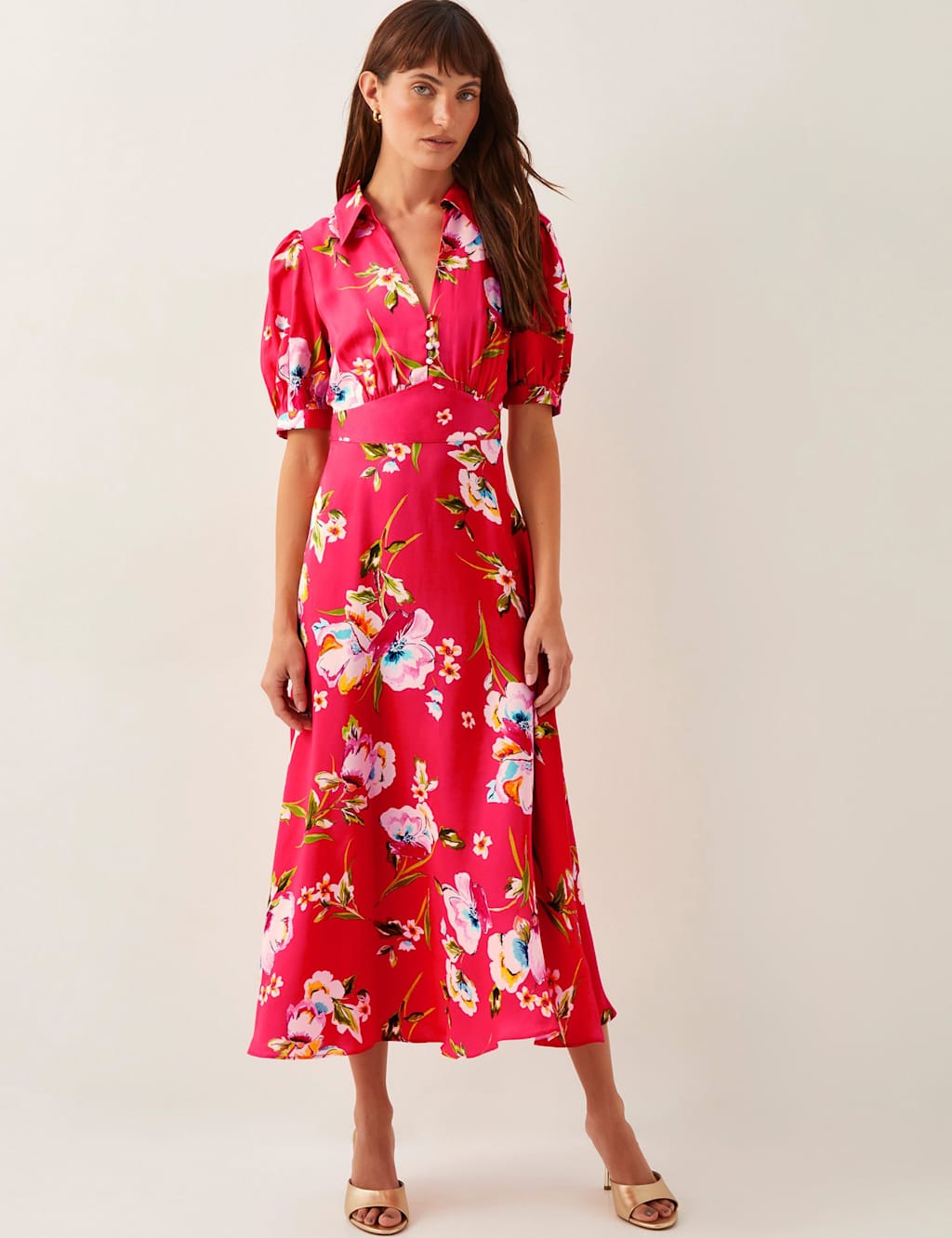 Floral V-Neck Button Front Midi Shirt Dress
