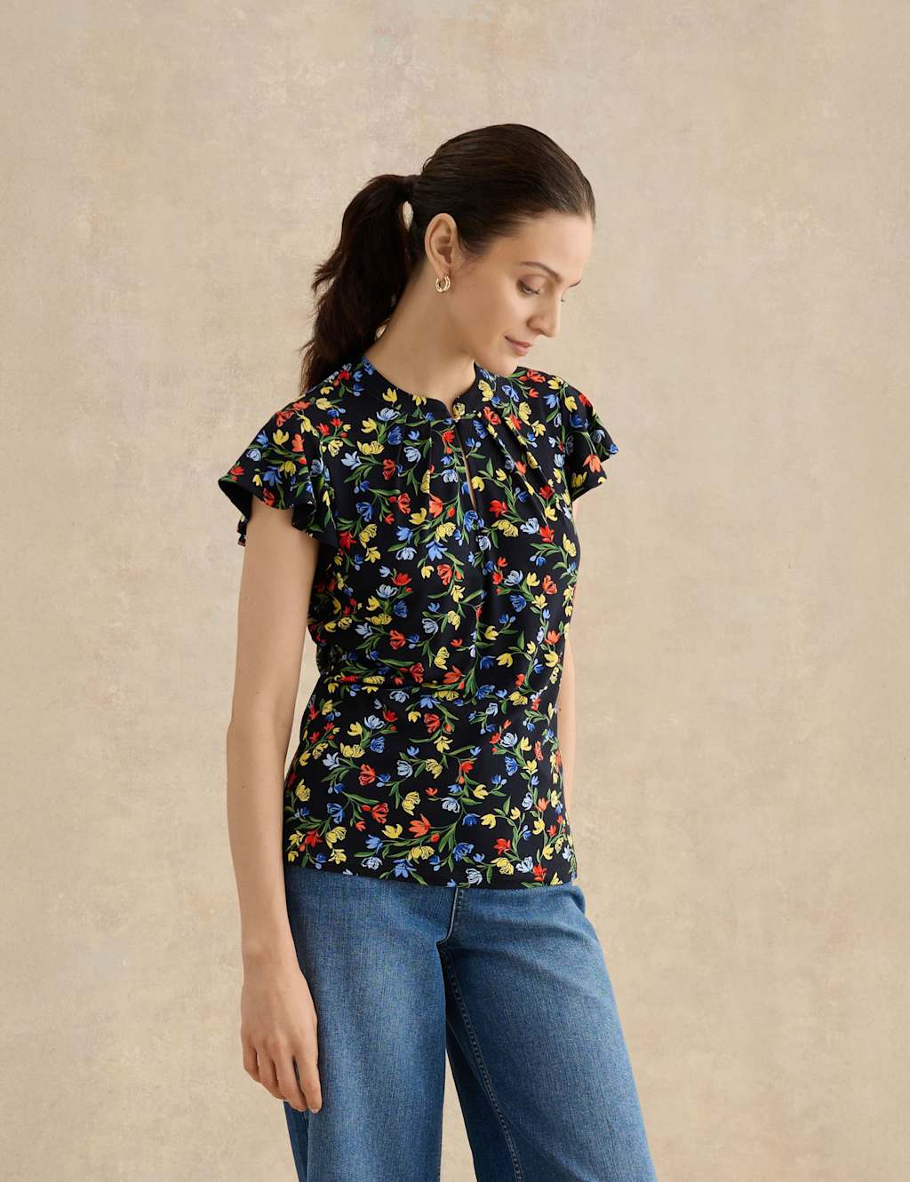 Hobbs Women's Floral Angel Sleeve Top - Medium - Navy Mix - Available at M&S