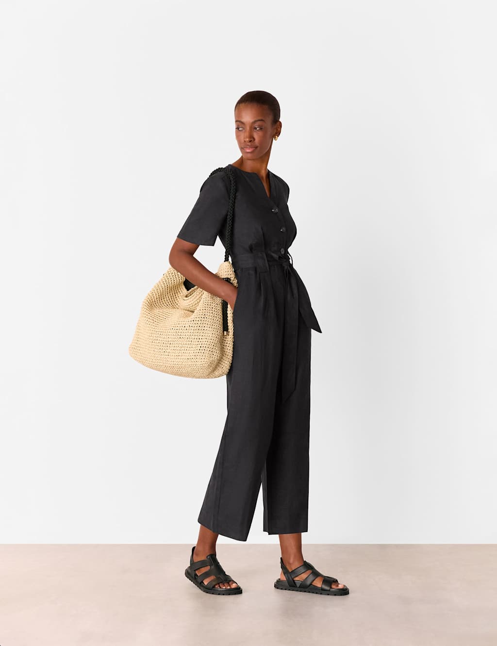 Pure Linen Button Front Tie Detail Jumpsuit
