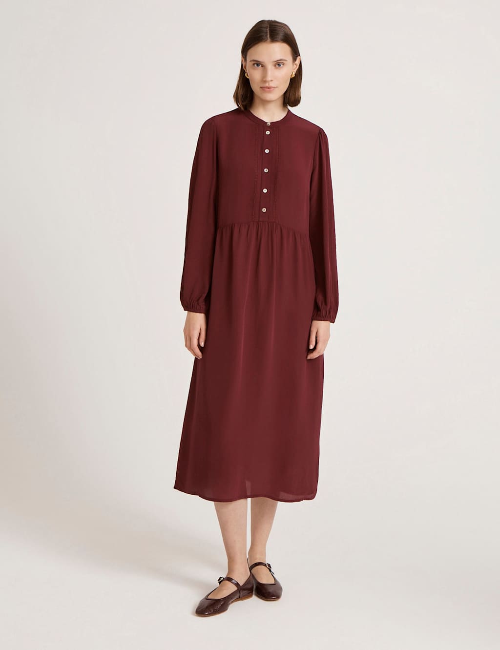 Finery London Crepe Button Front Midi Waisted Dress Burgundy