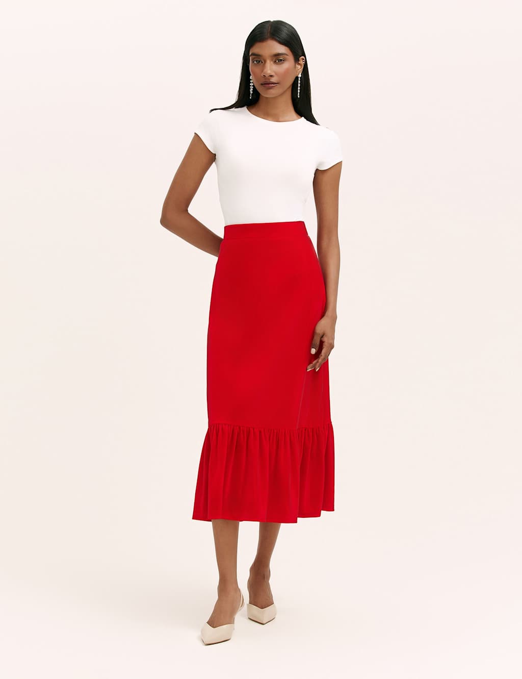Finery London Velvet Midi Tiered Skirt Red