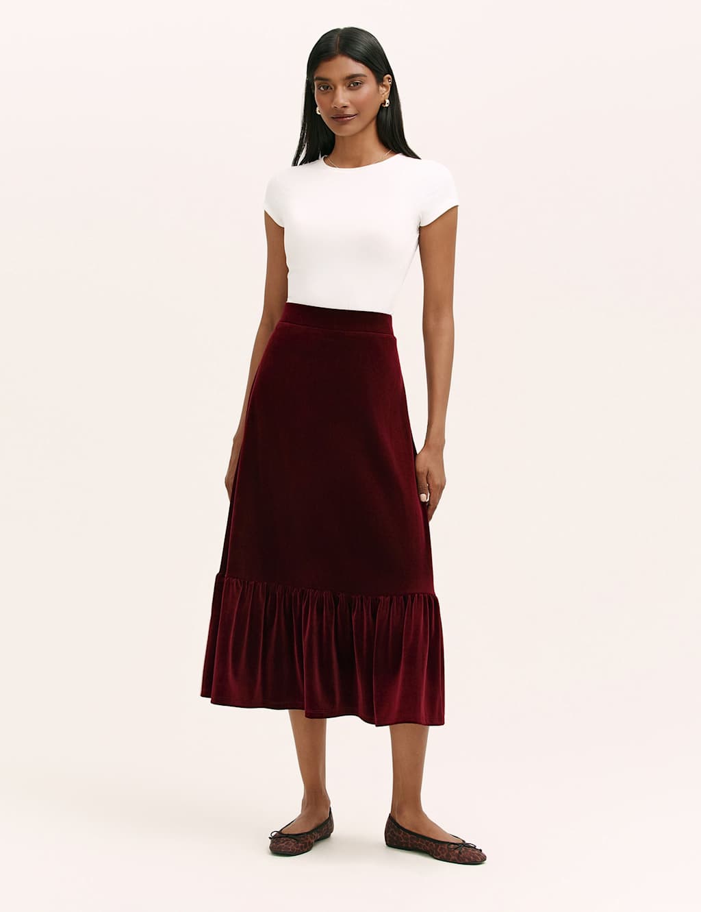 Finery London Velvet Midi Tiered Skirt Burgundy