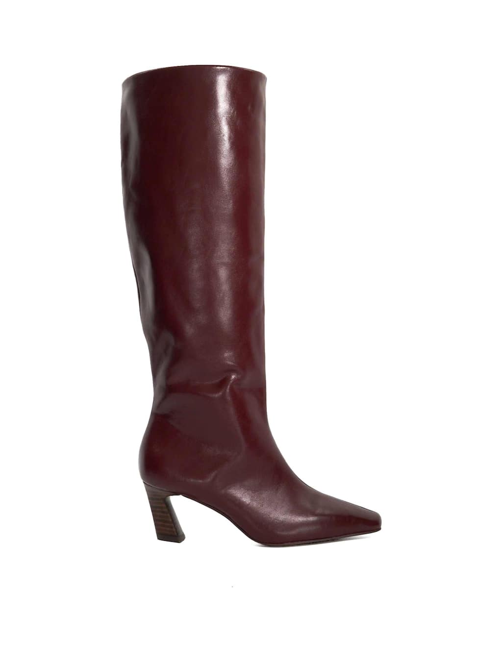 Dune London Leather Block Heel Knee High Boots Burgundy