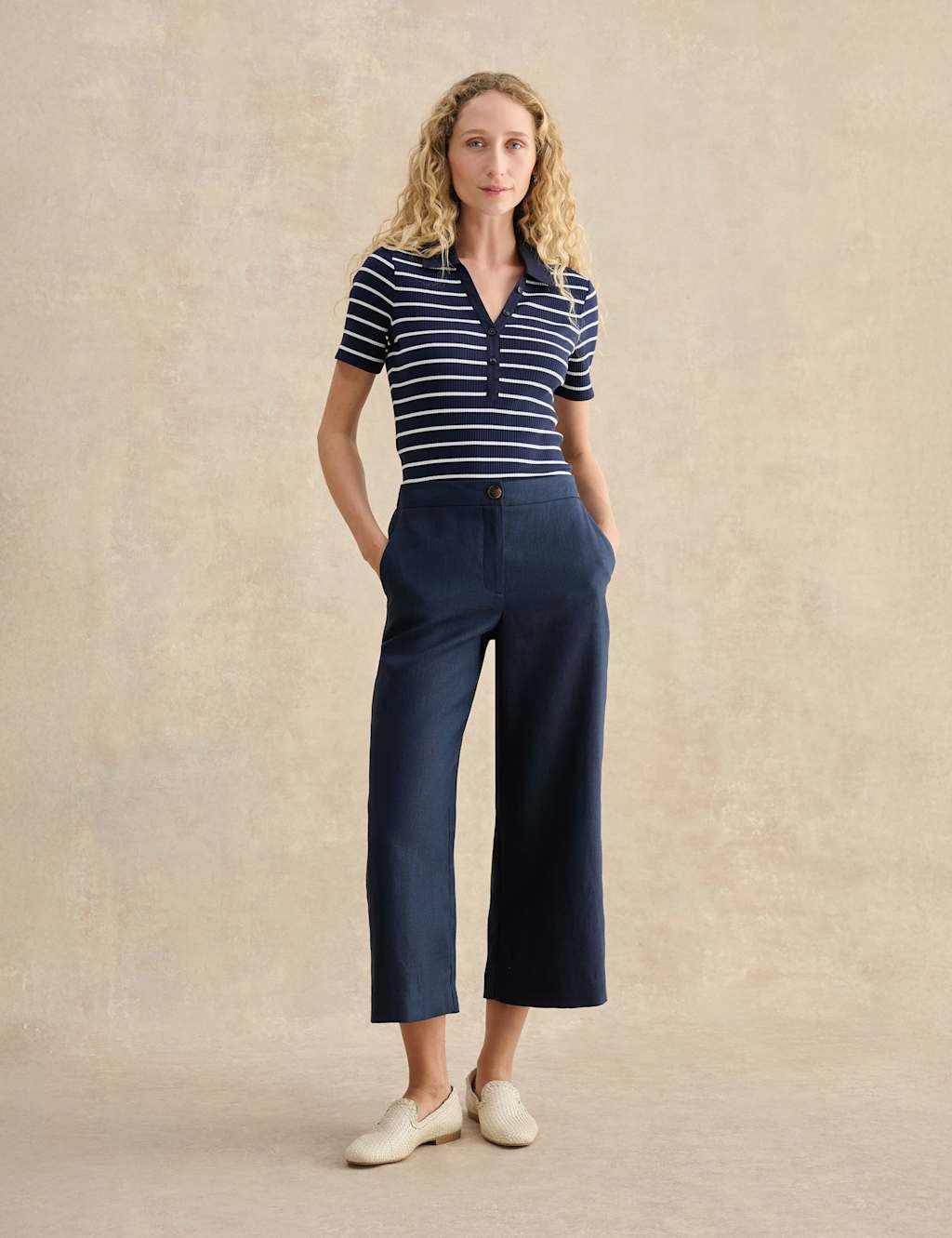 Hobbs Women's Pure Linen Wide Leg Cropped Trousers - 20 - Navy - Available at M&S