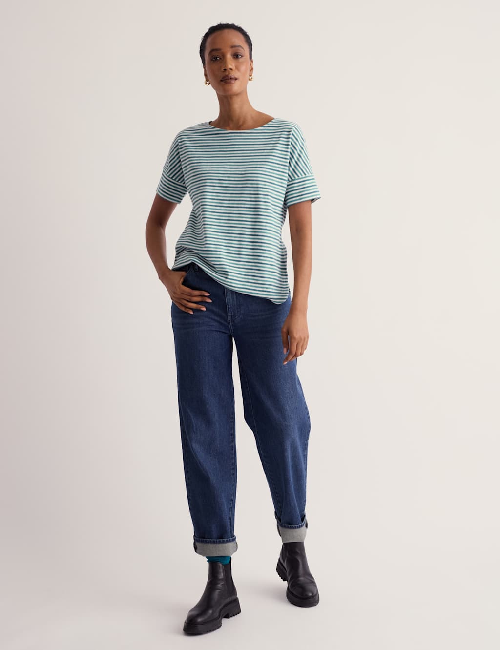 Seasalt Cornwall Women's Pure Cotton Striped Slash Neck T-Shirt - 16 - Teal Mix - Available at M&S