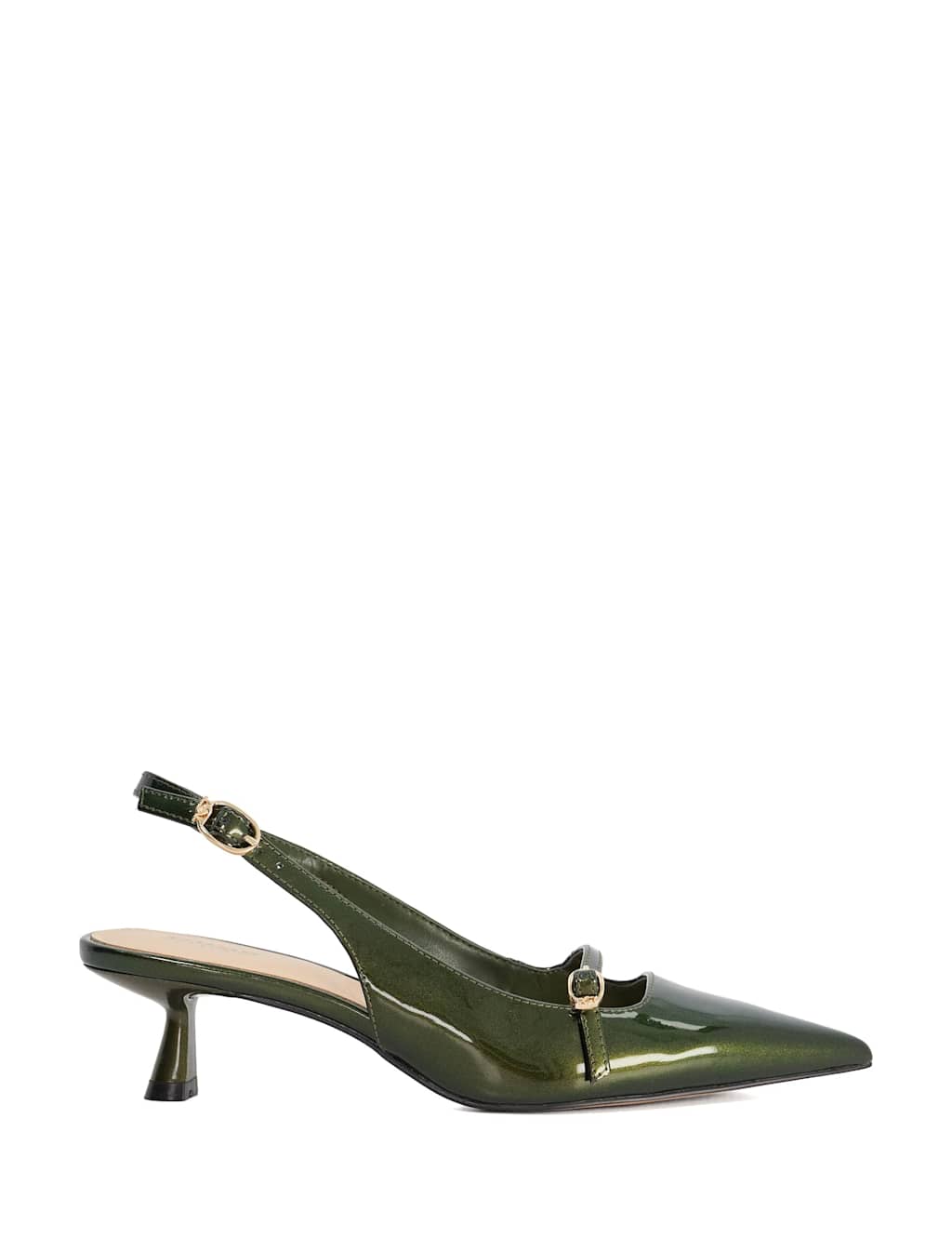 Dune London Patent Kitten Heel Pointed Slingback Shoes Green