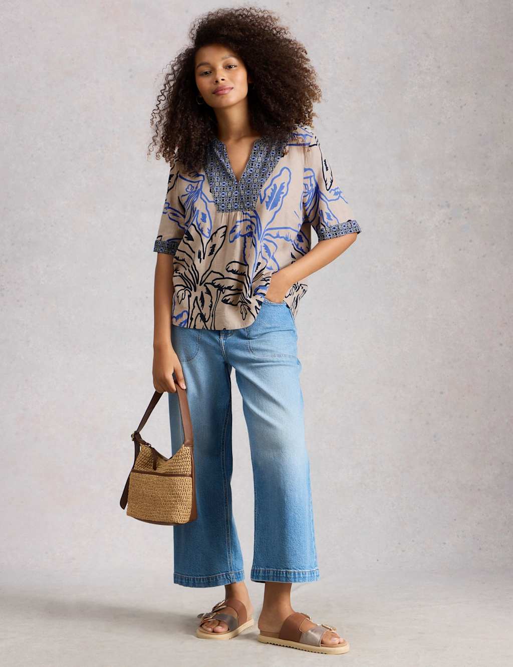 White Stuff Women's Linen Blend Printed Notch Neck Blouse - 18 - Natural Mix - Available at M&S