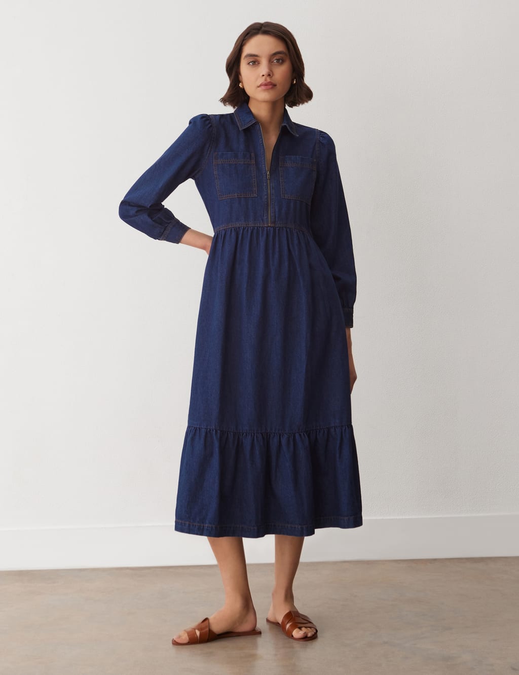 Denim Collared Midi Tiered Shirt Dress