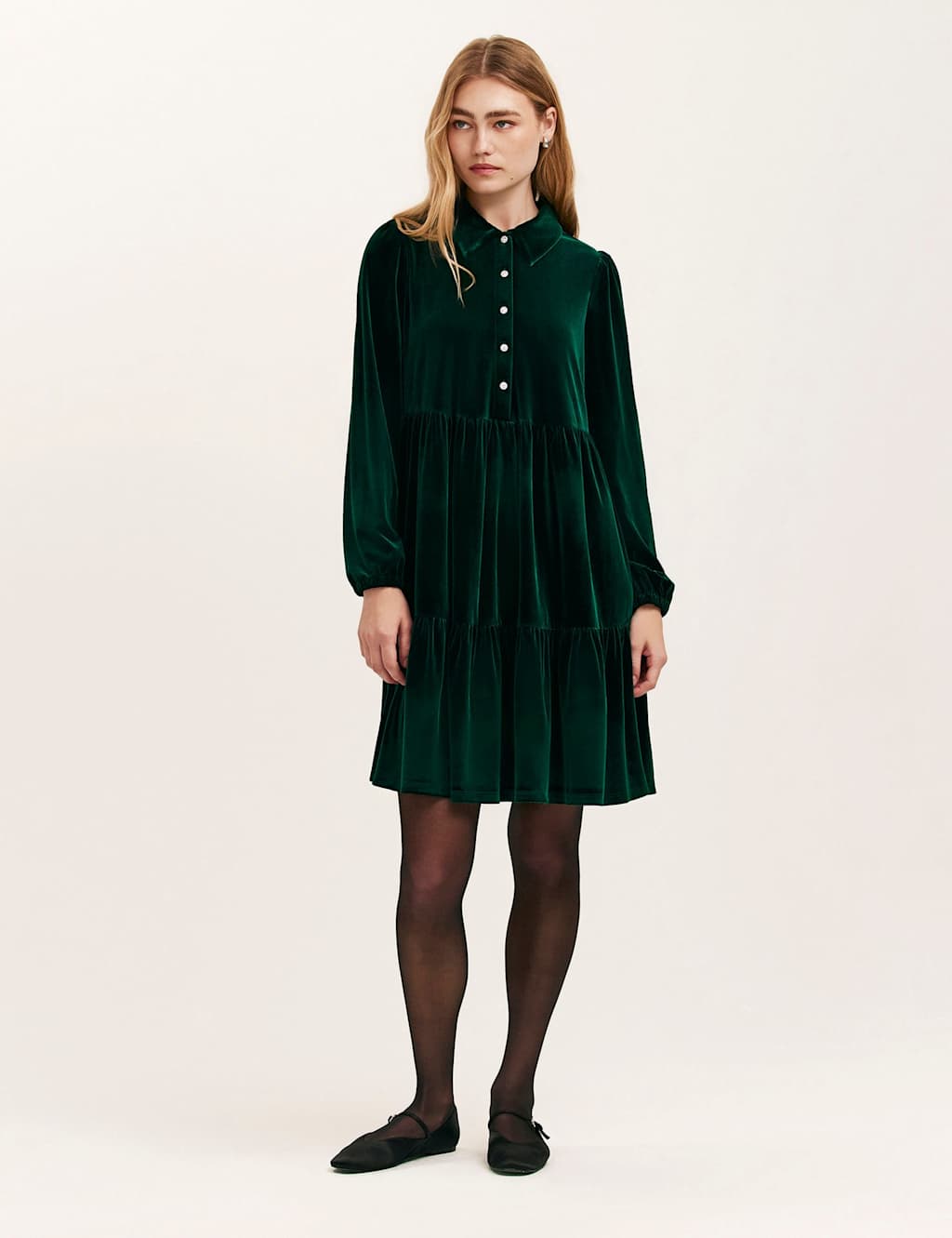 Finery London Velvet Collared Knee Length Shirt Dress Green