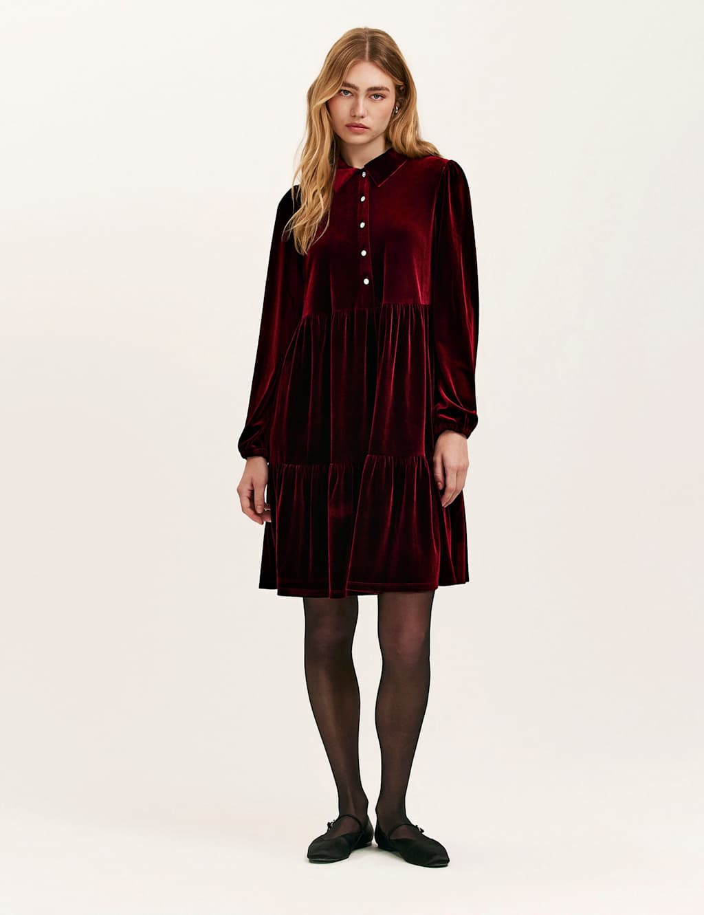 Finery London Velvet Collared Knee Length Shirt Dress Burgundy