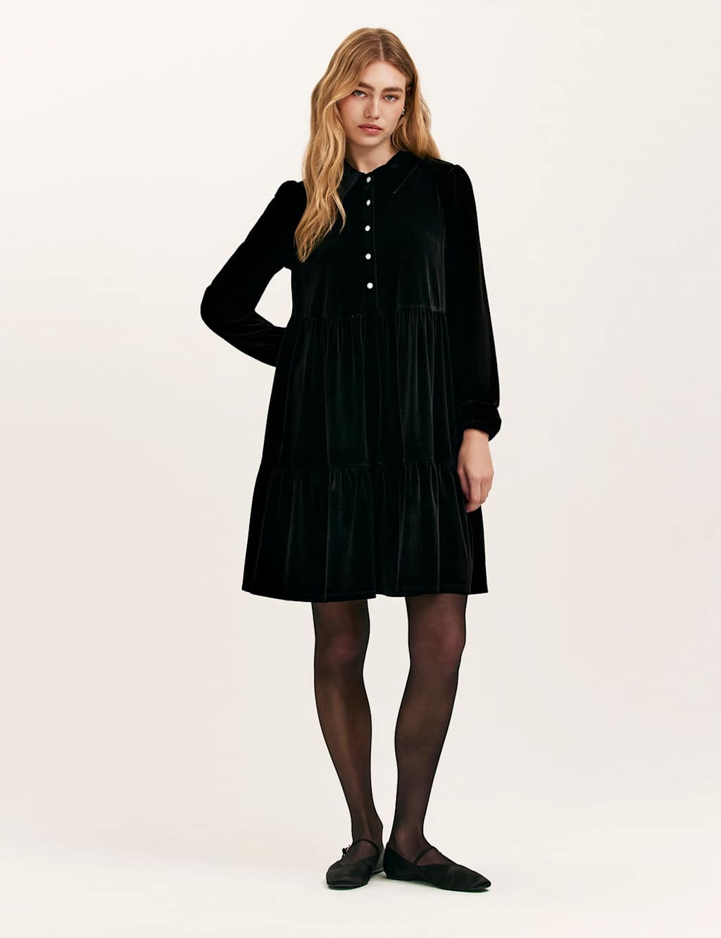 Finery London Velvet Collared Knee Length Shirt Dress Black