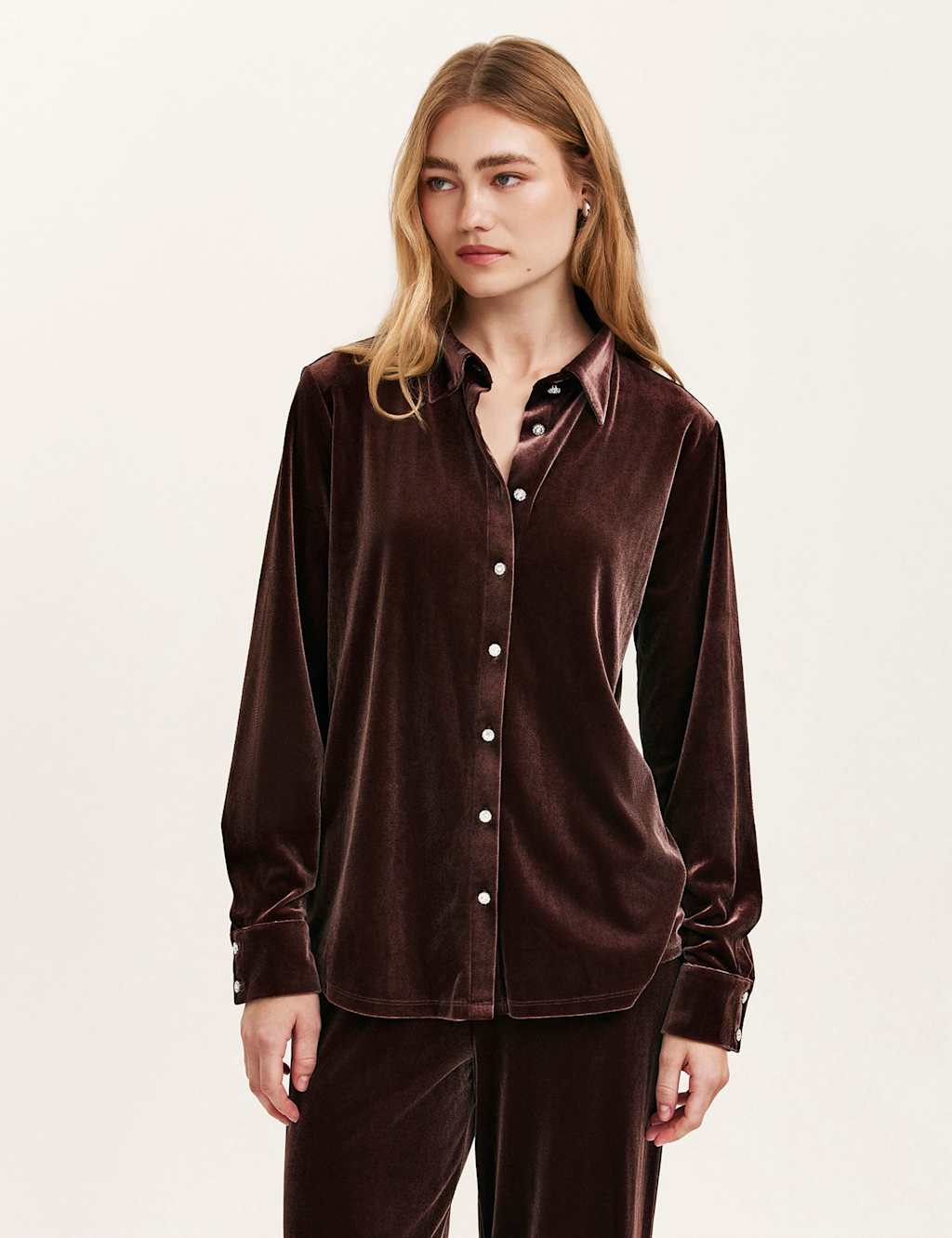 Finery London Velvet Collared Shirt Brown