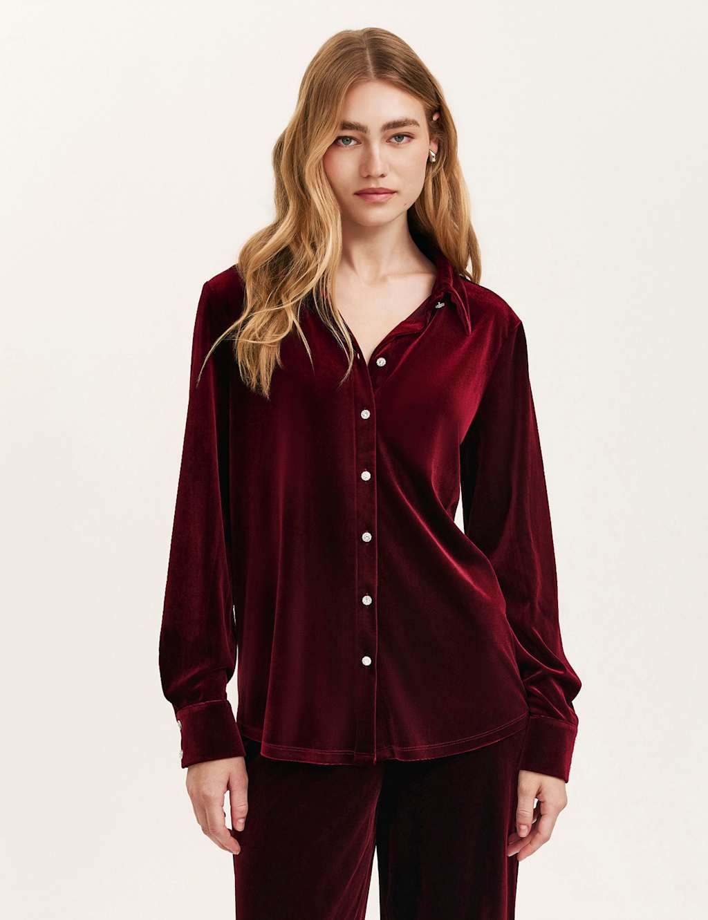 Finery London Velvet Collared Shirt Burgundy