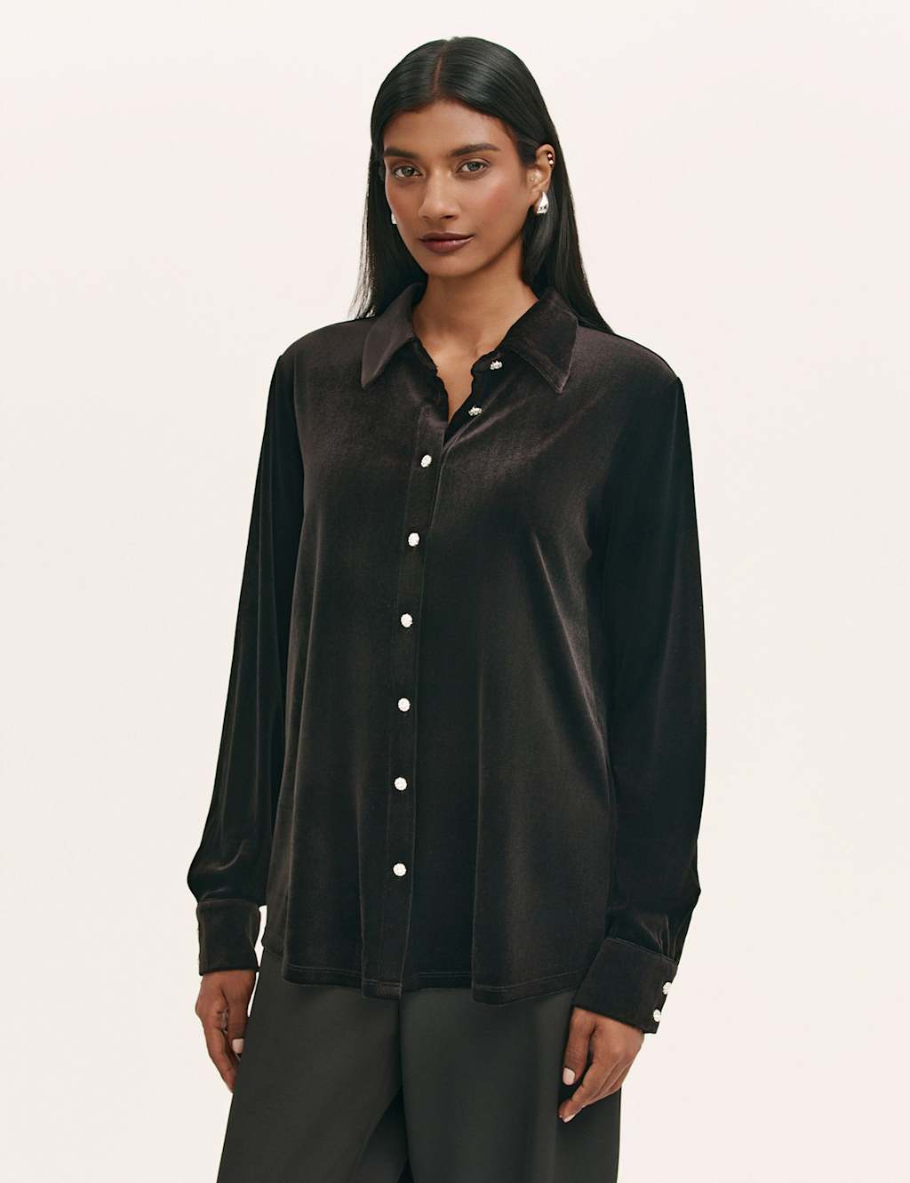Finery London Velvet Collared Shirt Black