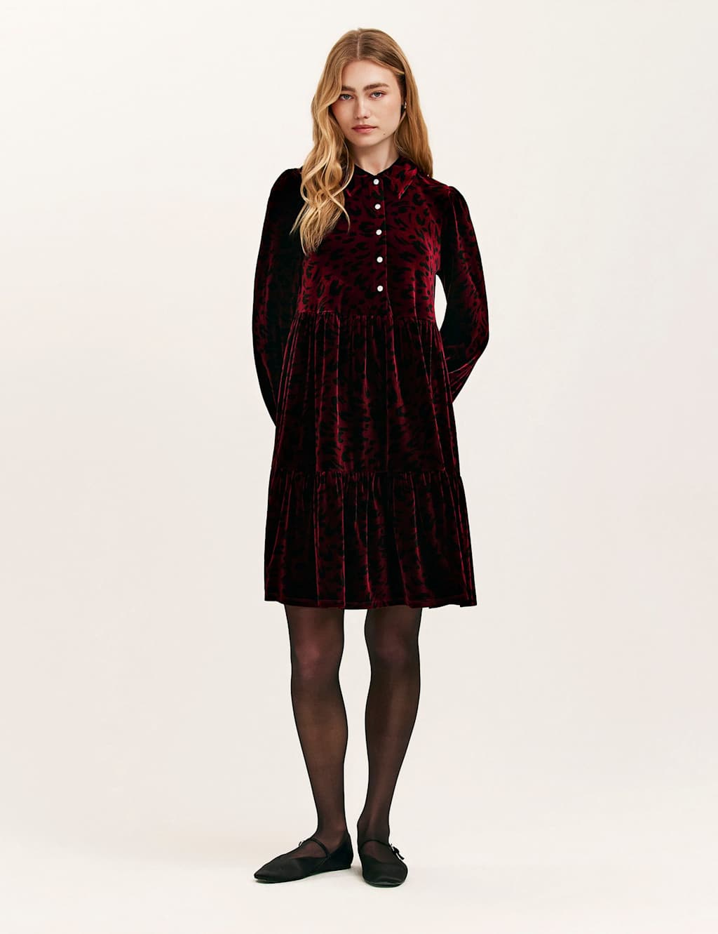 Finery London Velvet Animal Print Mini Tiered Dress Burgundy Mix