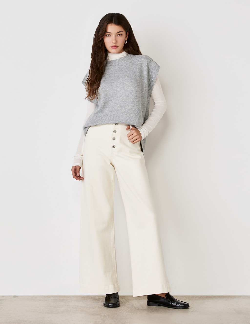 High Waisted Button Front Wide Leg Jeans