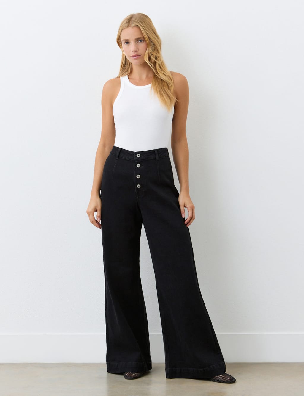 High Waisted Button Front Wide Leg Jeans