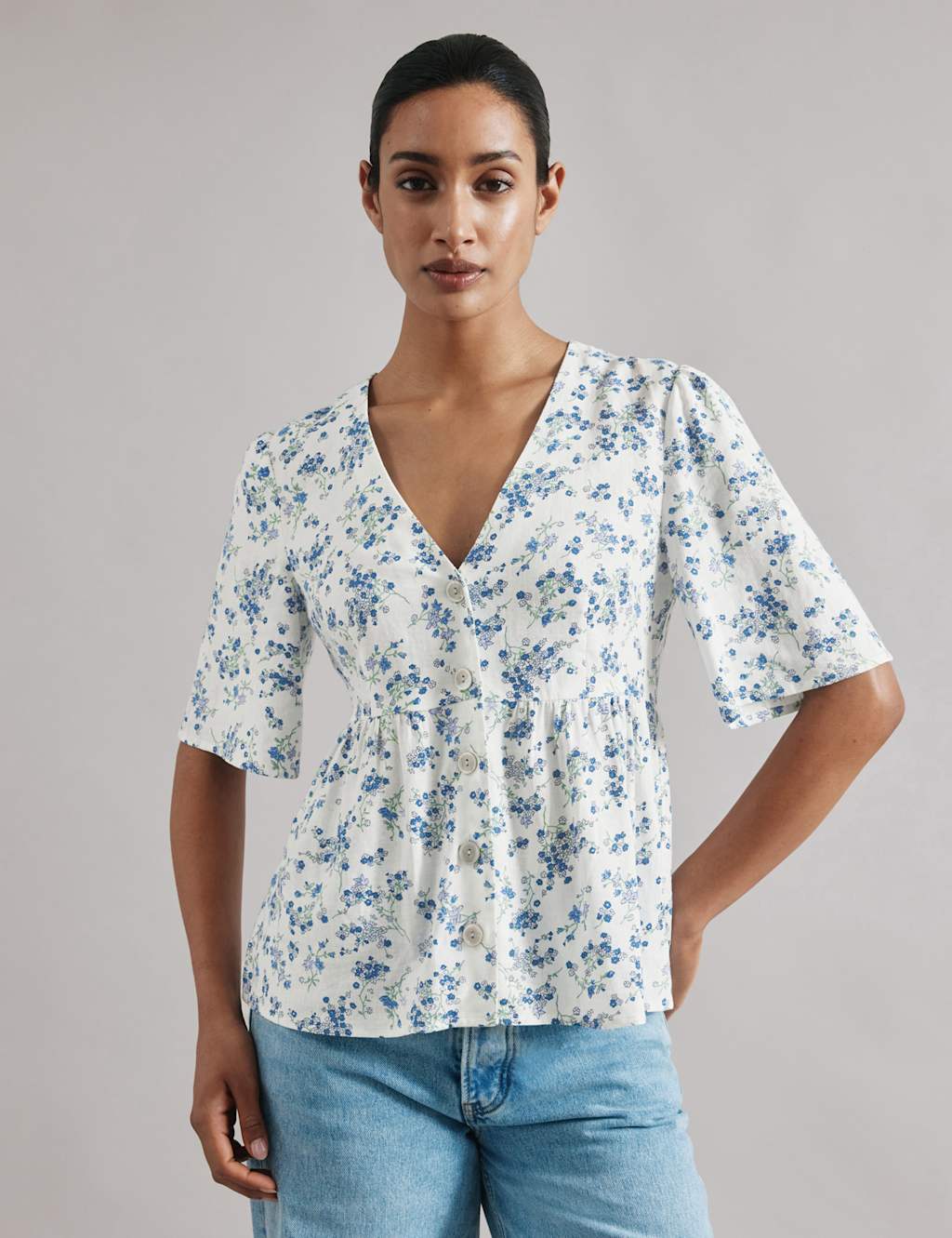 Liinen Blend Blossom Print Button Through Top