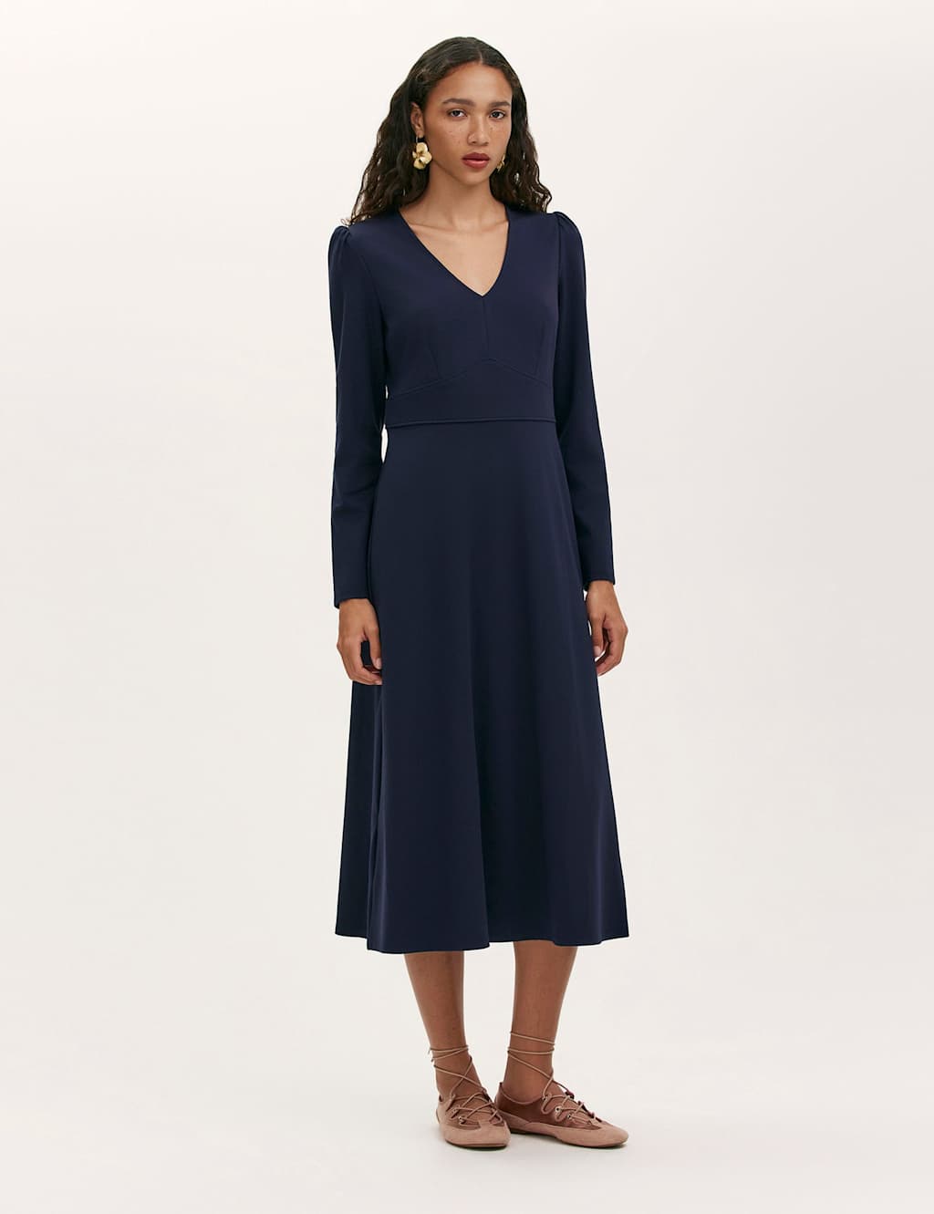 Finery London Women's Ponte Jersey V-Neck Midi Waisted Dress - 18 - Navy - Available at M&S