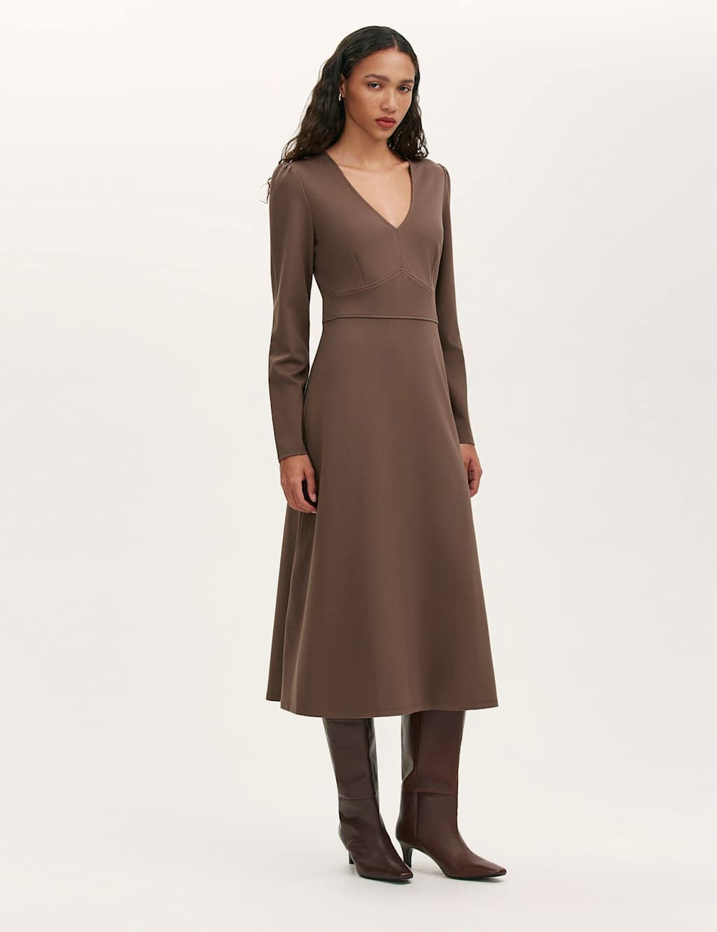 Finery London Ponte Jersey V-Neck Midi Waisted Dress Brown