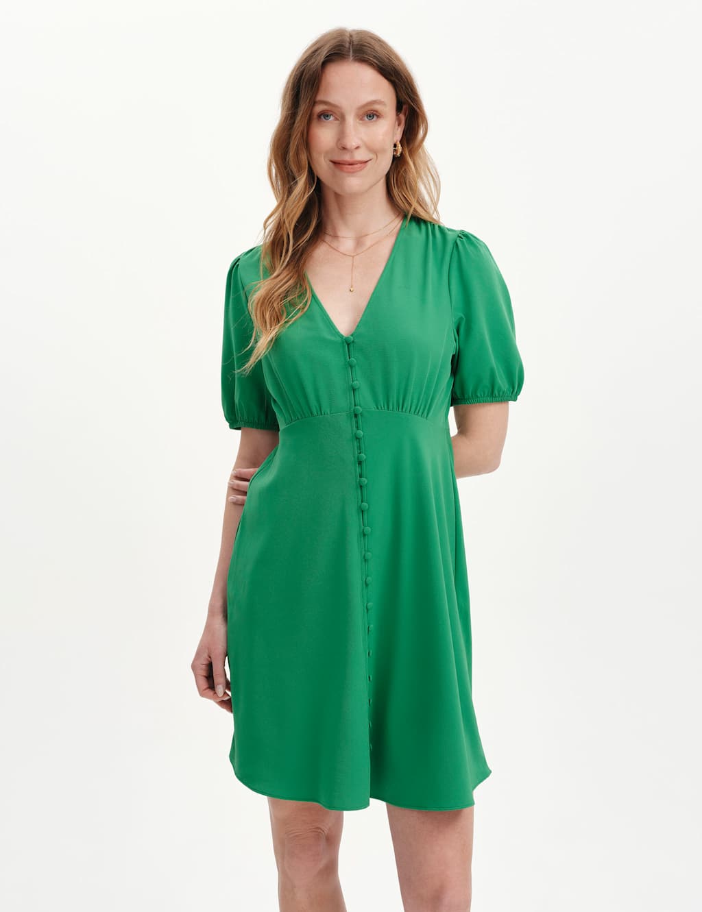 Finery London Women's V-Neck Button Through Short Skater Dress - 12 - Green - Available at M&S