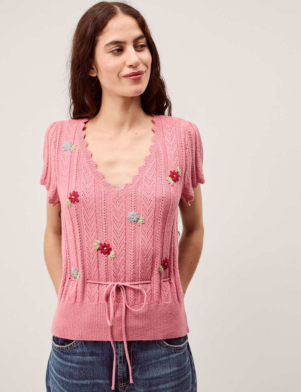 Monsoon Women's Embroidered Floral V-Neck Jumper - Medium - Pink Mix - Available at M&S