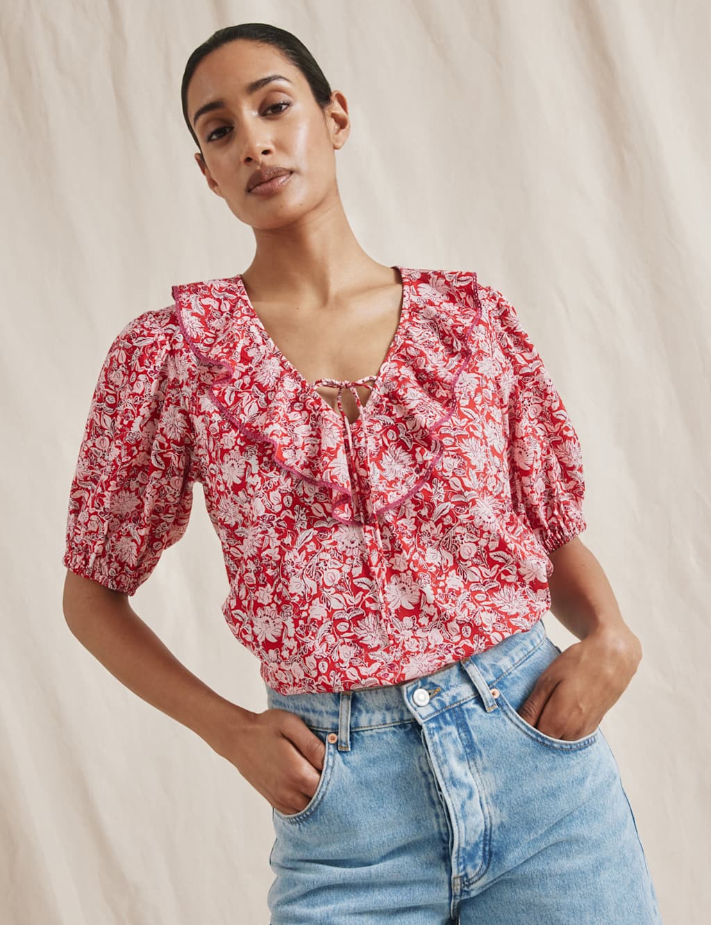 Pure Cotton Woodblock Print Frill Neck Top