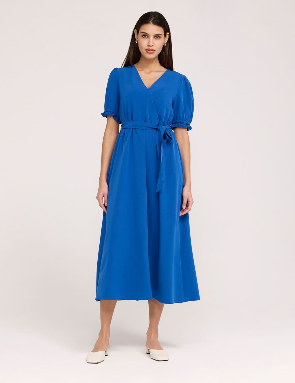 Finery London Women's V-Neck Tie Waist Midi Faux Wrap Dress - 12 - Cobalt - Available at M&S
