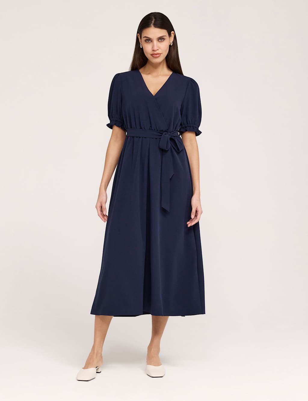 Finery London Women's V-Neck Tie Waist Midi Faux Wrap Dress - 18 - Navy - Available at M&S