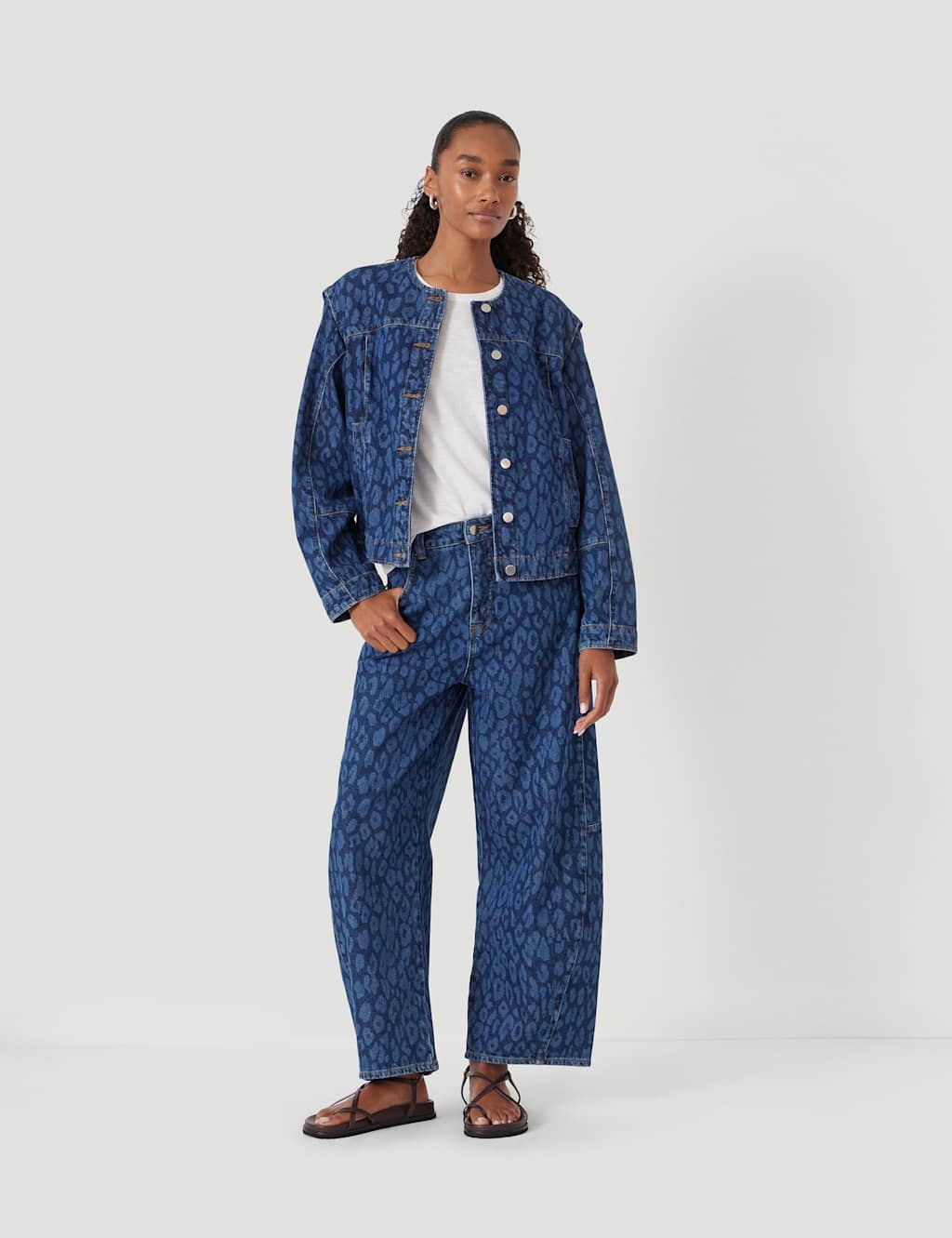 HUSH Denim Leopard Print Collarless Jacket Blue Mix