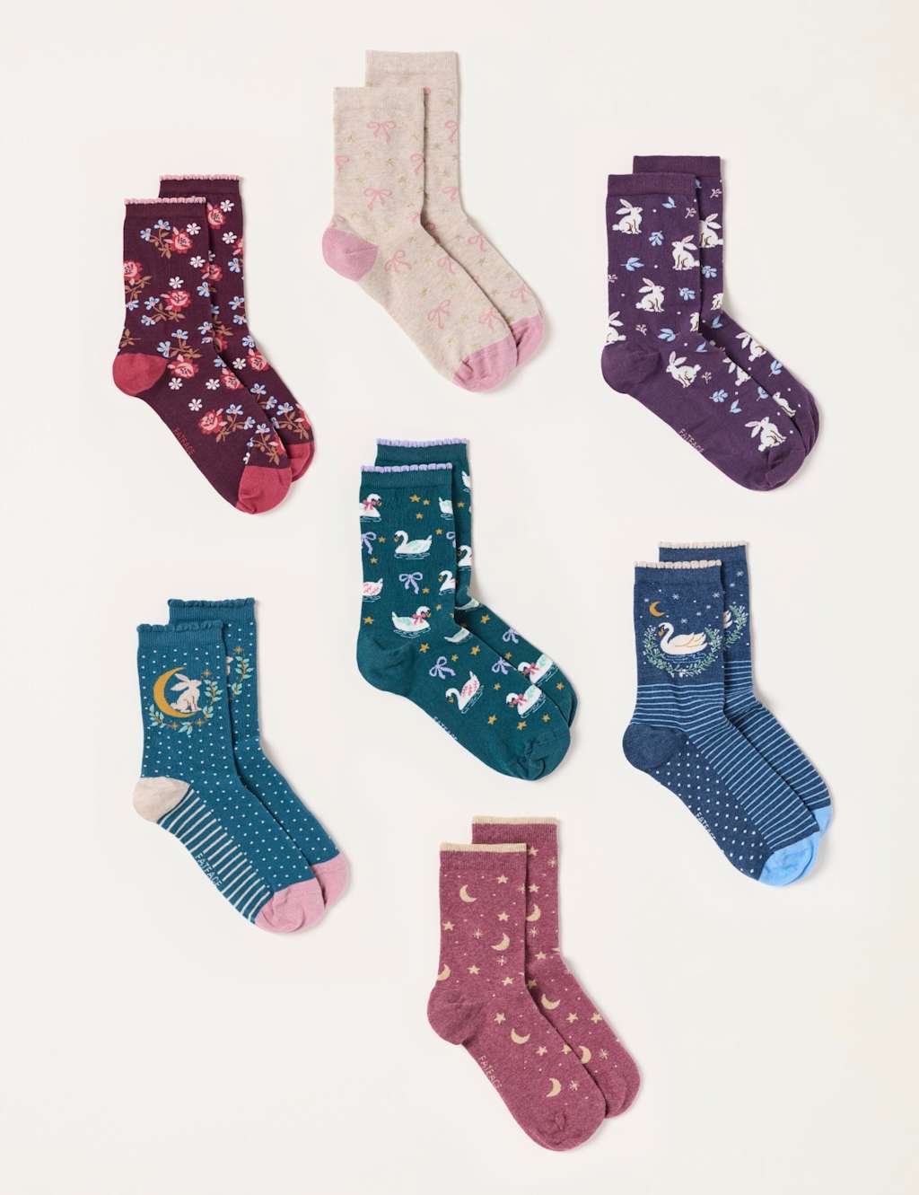 Fatface Women's 7-Pack Cotton Rich Patterned Fluffy Socks - Multi - Available at M&S