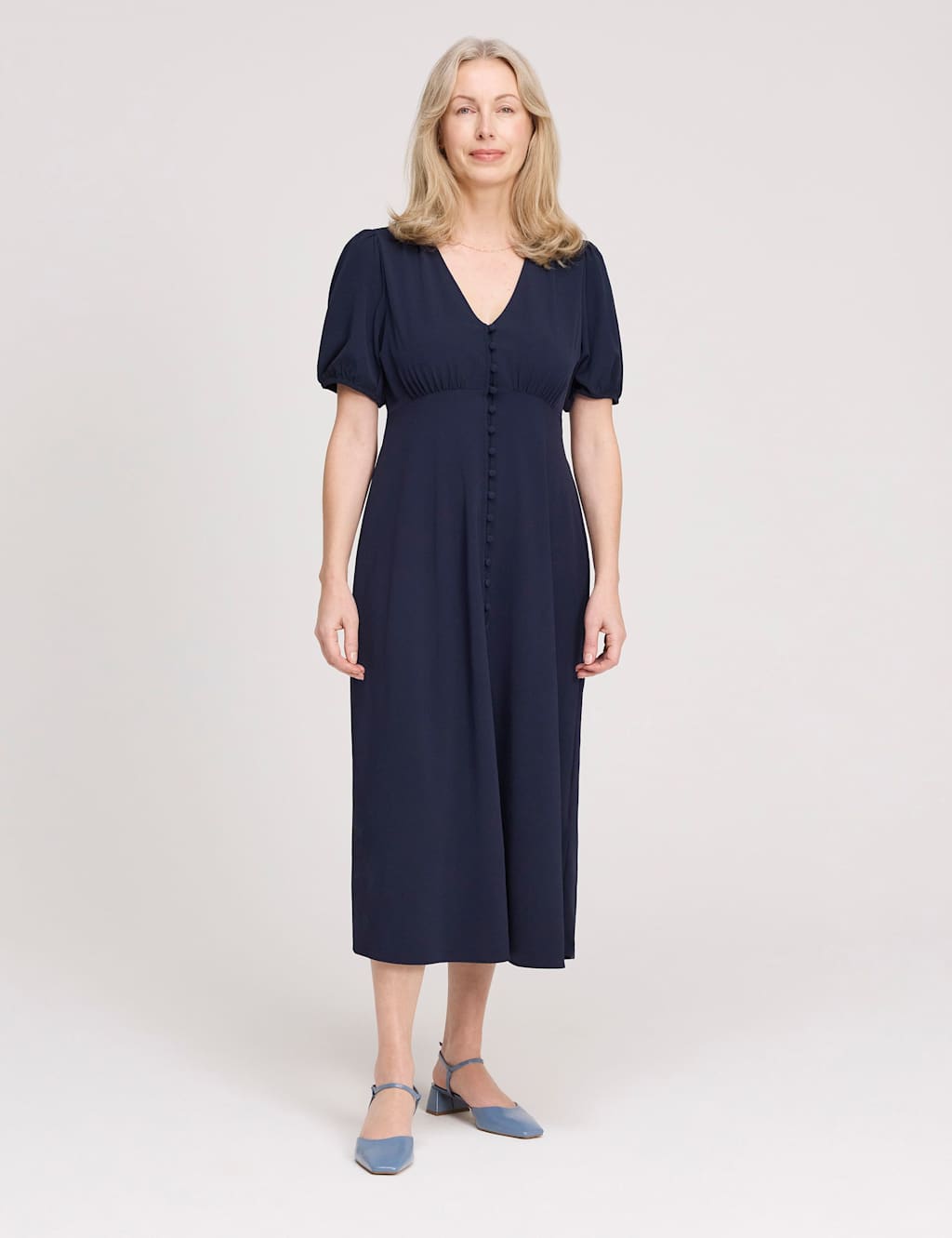 Finery London Women's V-Neck Button Through Midi Tea Dress - 14 - Navy - Available at M&S