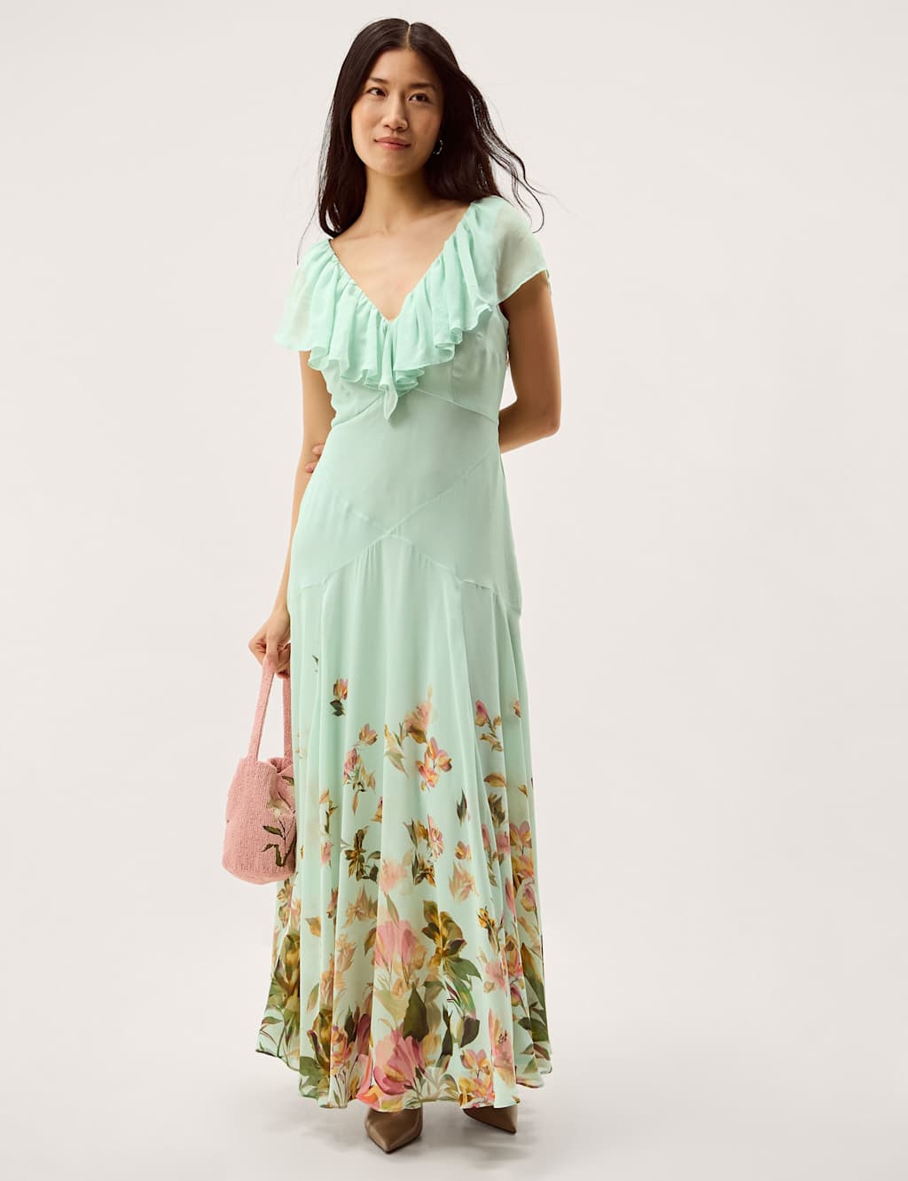 Monsoon Women's Floral V-Neck Ruffle Maxi Skater Dress - 16 - Sage Mix - Available at M&S