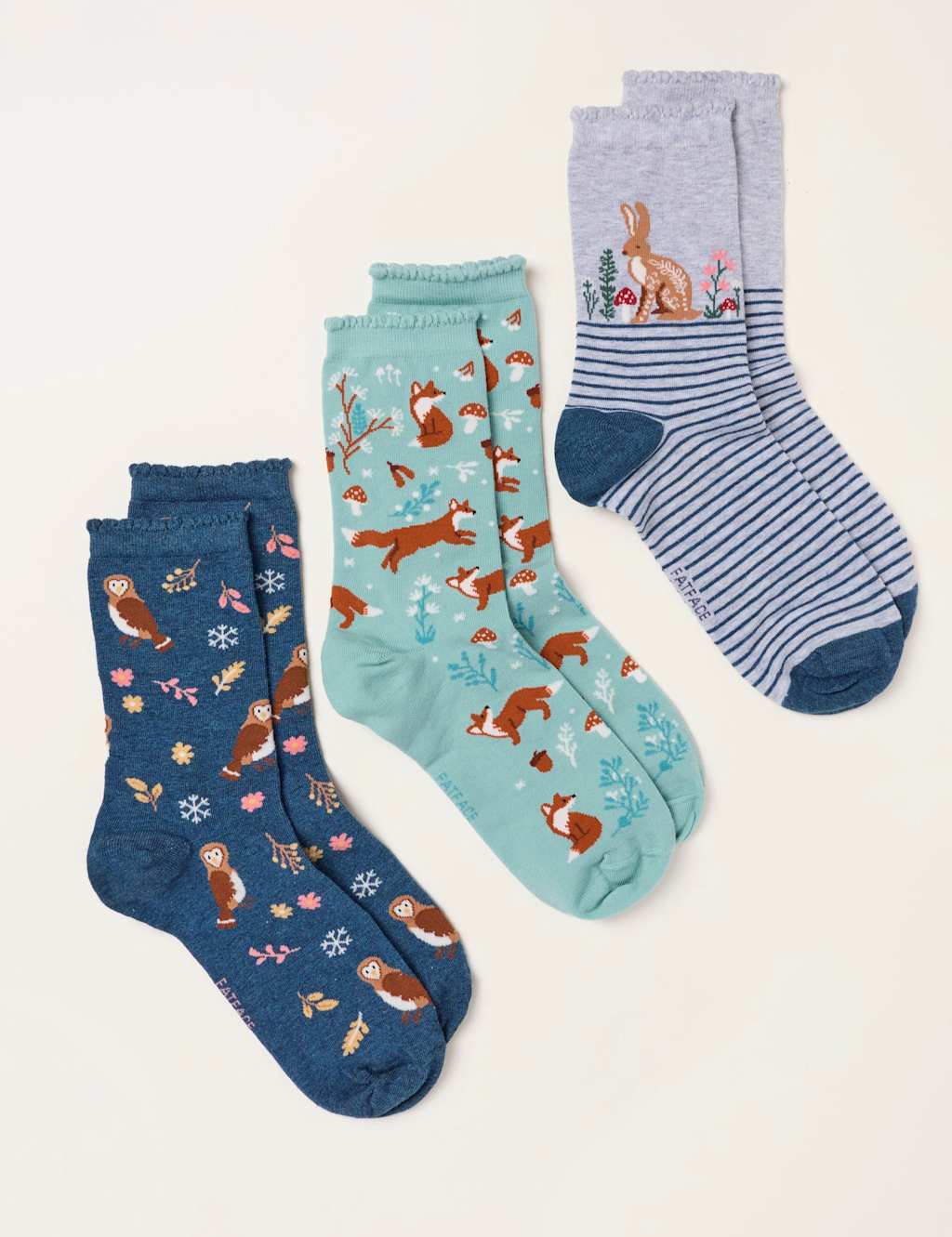 Fatface Women's 3 Pack Cotton Rich Woodland Ankle High Socks - Multi - Available at M&S