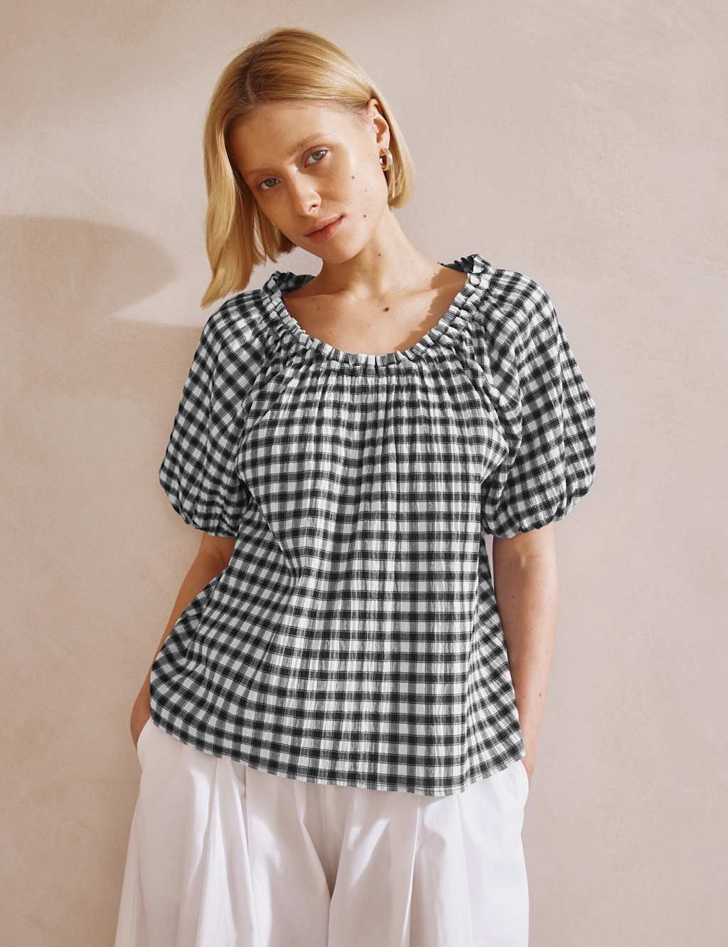 Cotton Rich Gingham Puff Sleeve Blouse