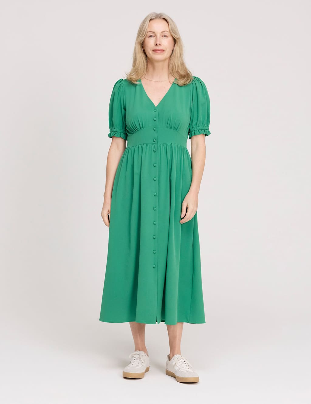 Finery London Women's V-Neck Button Through Midi Tea Dress - 16 - Green - Available at M&S