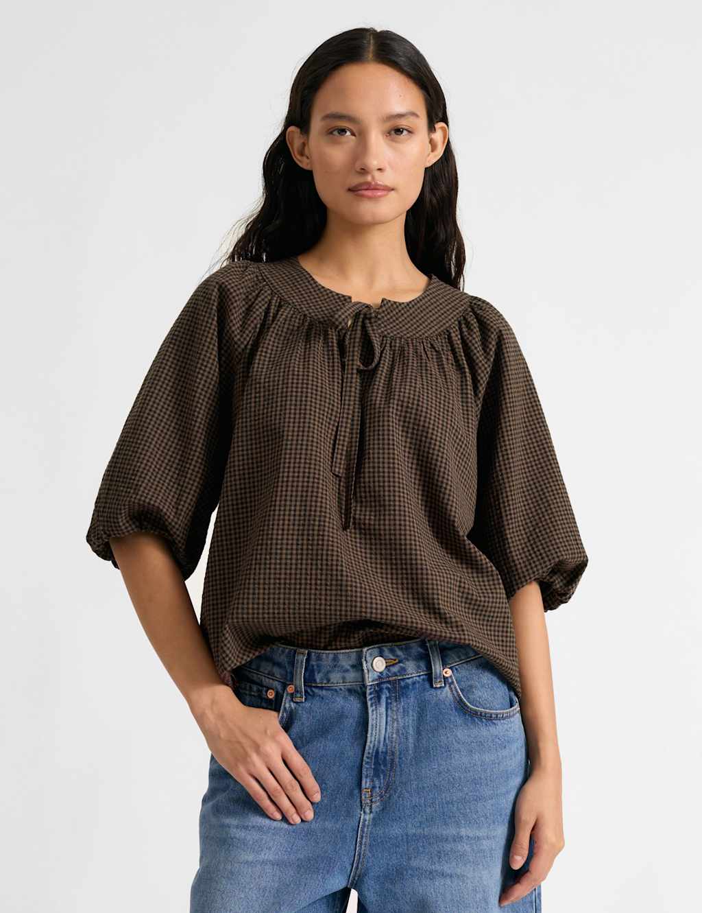 Albaray Women's Cotton Rich Gingham Button Detail Top - 14 - Brown Mix - Available at M&S