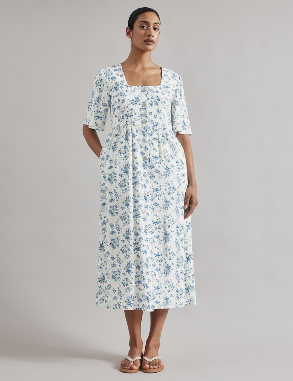 Linen Blend Floral Midi Skater Dress