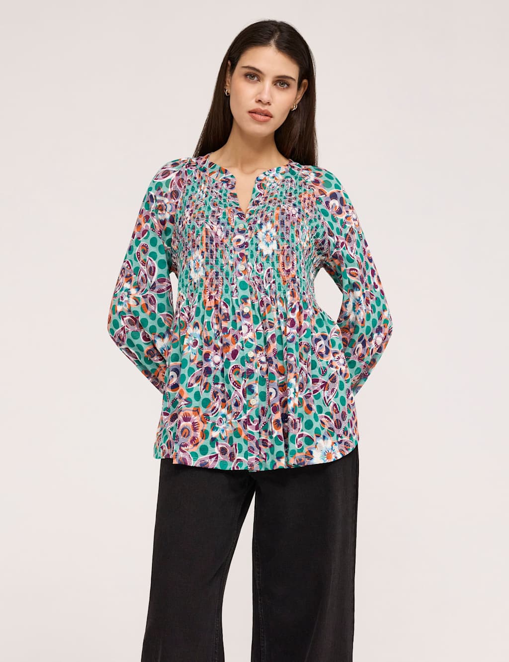 Finery London Women's Jersey Floral V-Neck Shirred Blouse - 16 - Dark Green Mix - Available at M&S