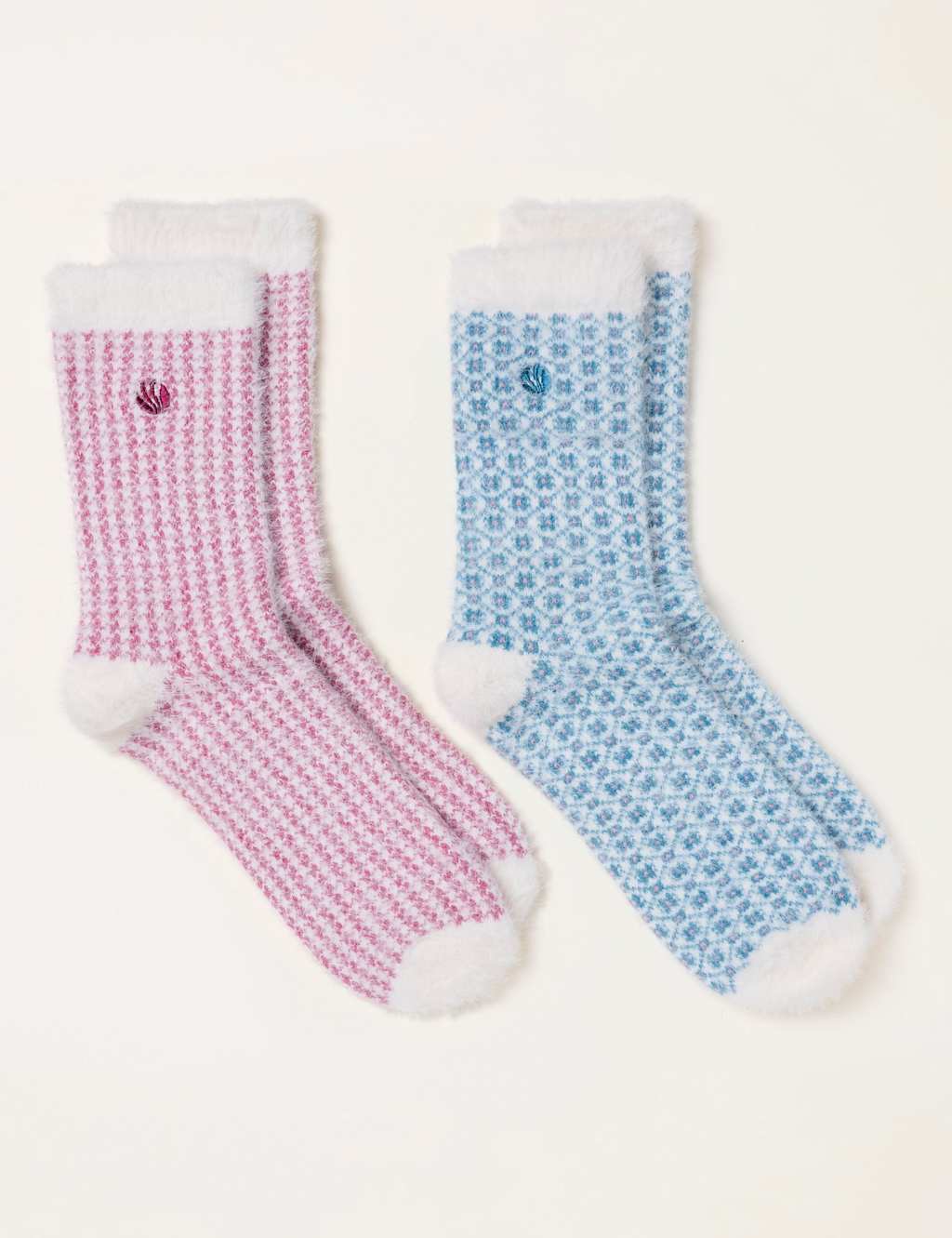 Fatface Women's 2 Pack Geometric Fluffy Socks - Blue Mix - Available at M&S