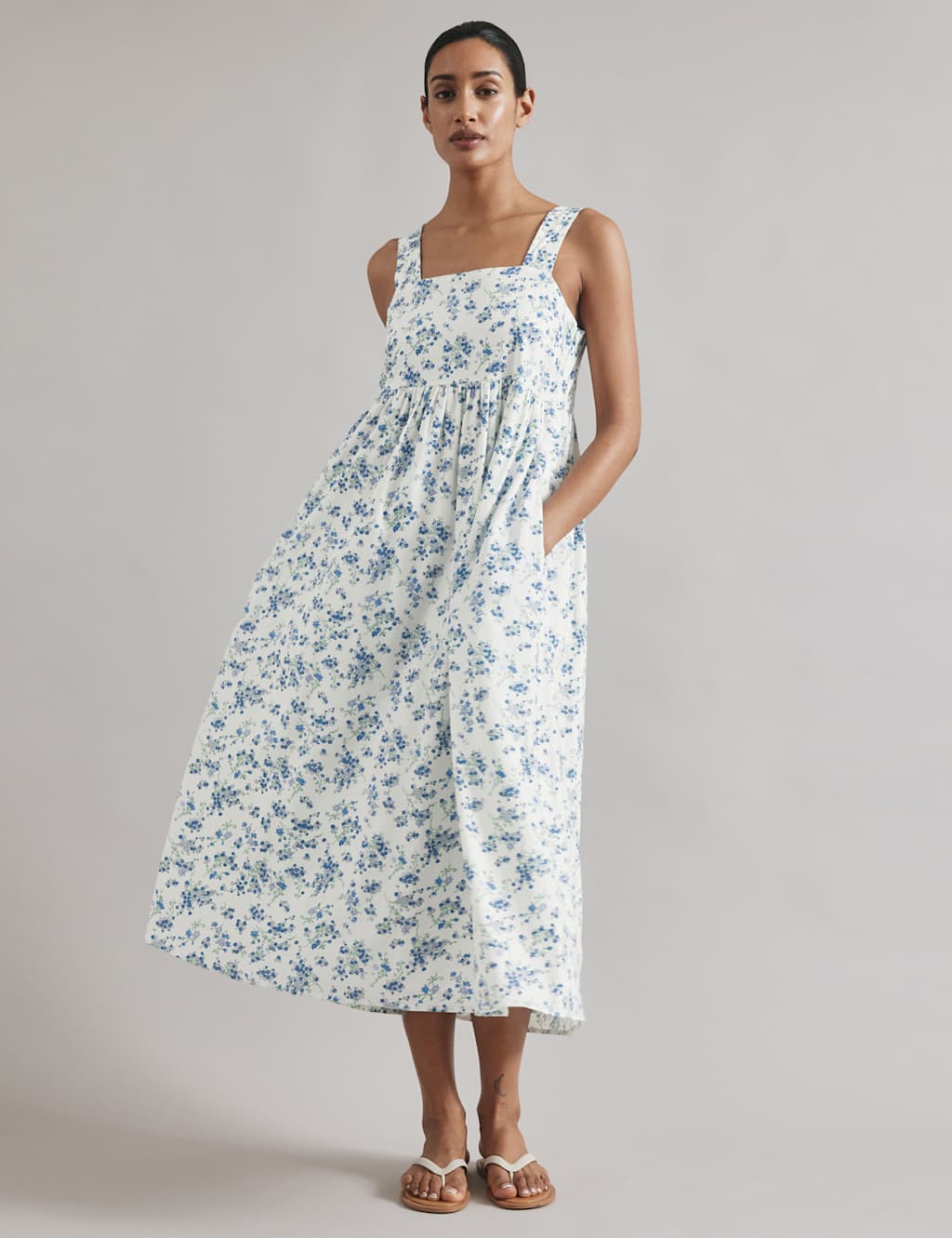 Linen Blend Blossom Print Midi Skater Dress