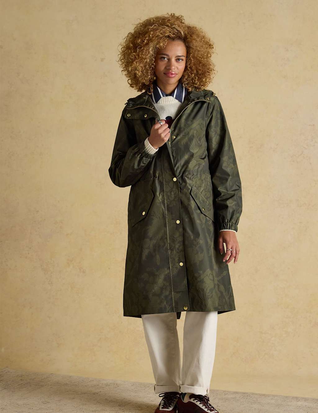 Joules Waterproof Floral Hooded Relaxed Raincoat Khaki Mix