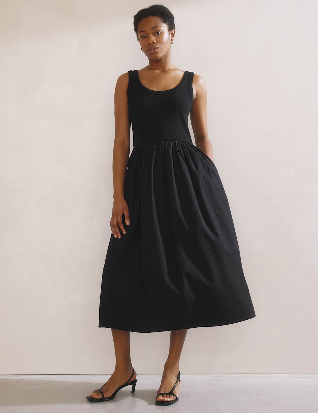 Pure Cotton Round Neck Midi Waisted Dress