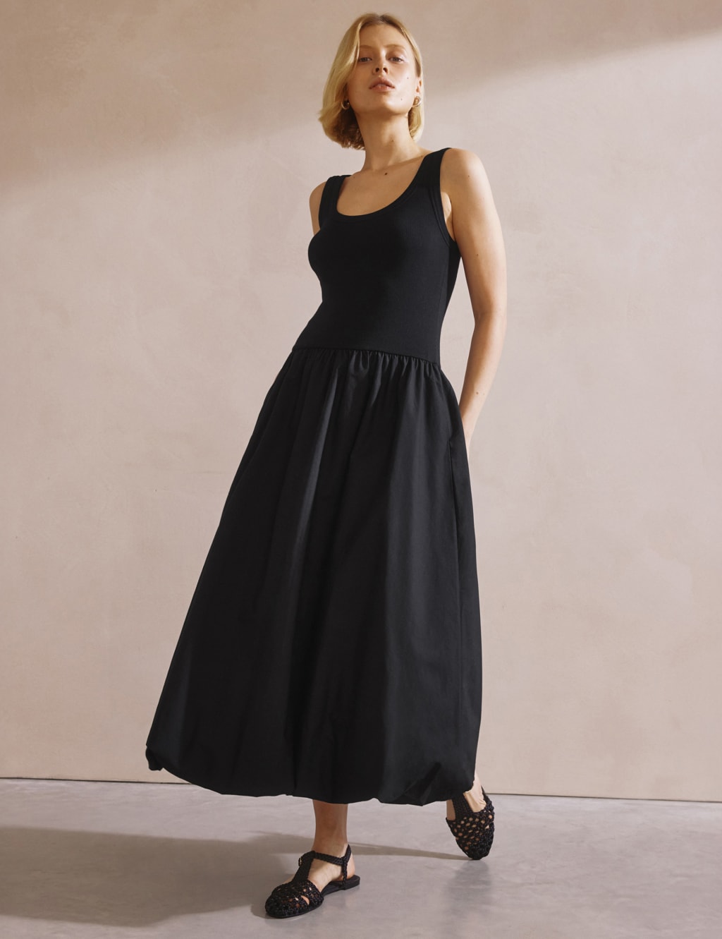 Cotton Rich Round Neck Midi Waisted Dress