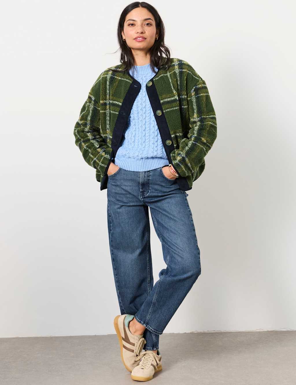 Fatface Women's Borg Checked Collarless Jacket - 12 - Green Mix - Available at M&S