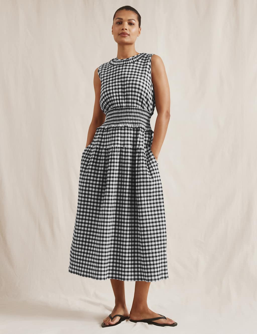 Cotton Rich Gingham Midi Waisted Dress