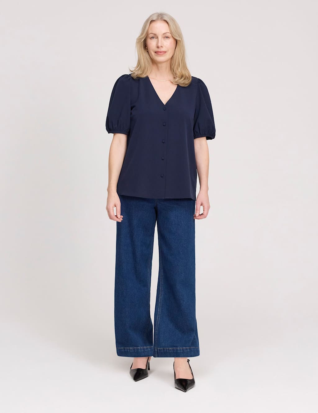 Finery London Women's V-Neck Short Sleeve Button-Through Top - 12 - Navy - Available at M&S